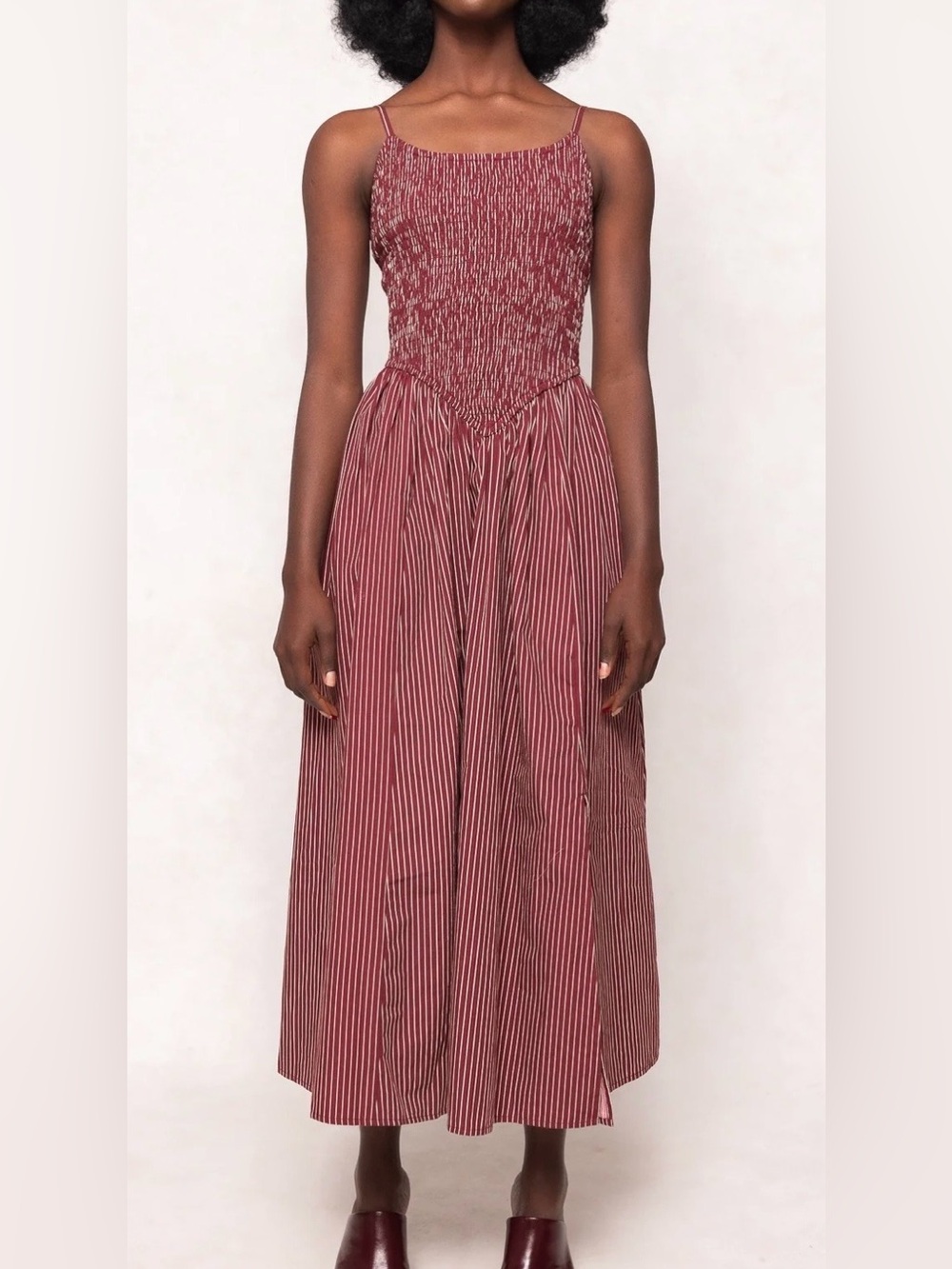 Ivy City Co Maxwell Burgundy Pinstripe Smocked Midi Dress